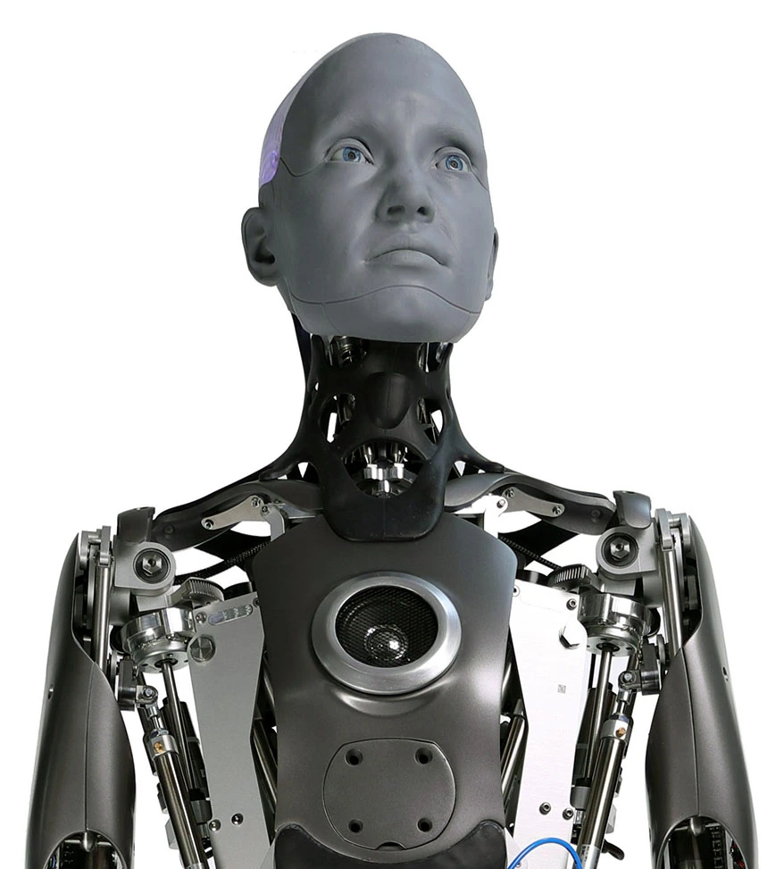 Ameca Generation 1: grey social robot with exposed mechanical torso, used only as a robotics illustration