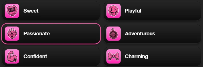 Actual OurDream selector with Sweet, Playful, Passionate, Adventurous, Confident and Charming choices